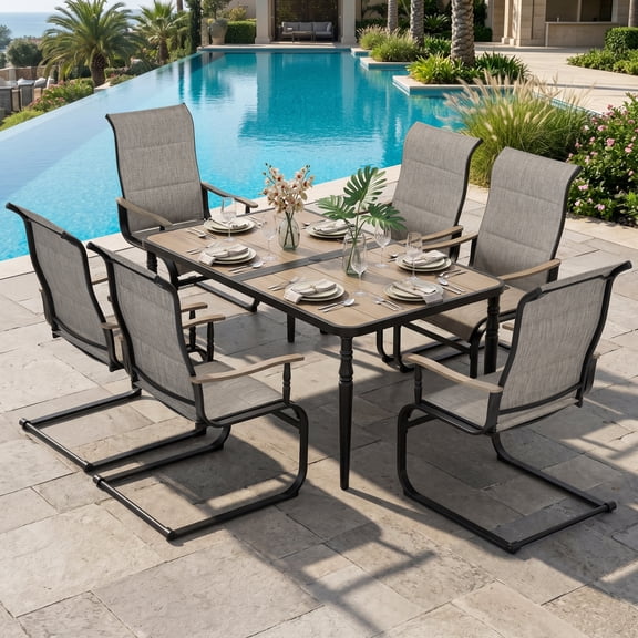 Nuu Garden 7-Piece Rectangular Patio Dining Set, Umbrella Hole Design, Wood-Grain Armrests and Tabletop, Padded Textilene C-Spring Chairs, Grayish Brown and Black