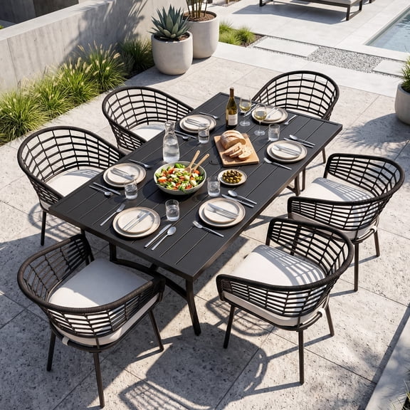 Nuu Garden 7 Piece Rope Dining Set with 63" x 36" Patio Spacious Table, 1.97" Umbrella Hole and 1.97" Thick Soft Cushions, Aluminum Tabletop and Sturdy Frame, Black