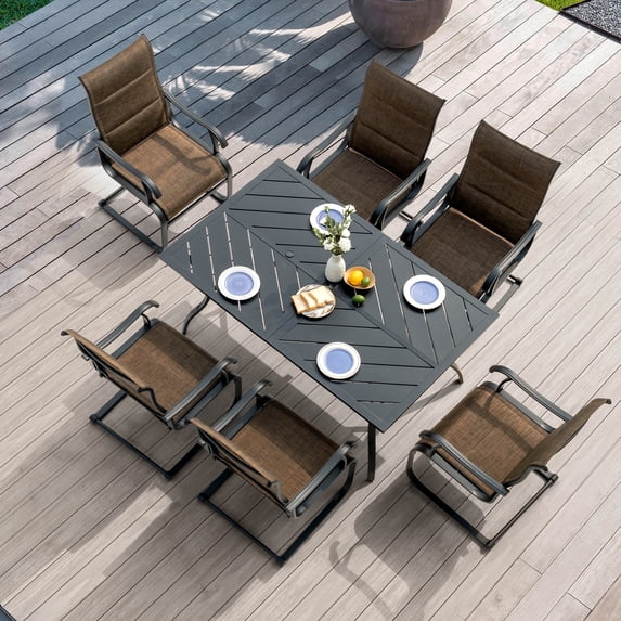 Nuu Garden 7 Pieces Patio Dining Set, Outdoor Dining Table and C-Shape Textilene Chairs Set, All Weather Garden Splicing Table Set, Iron Patio Dining Set with Umbrella Hole