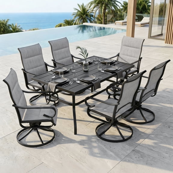 Nuu Garden 7PCS Outdoor Dining Set with Umbrella Hole, Patio Table and Chair Set, Outdoor Dining Table and Swivel Chairs with High Backrest, All-Weather Padded Textilene Patio Dining Set, Light Gray
