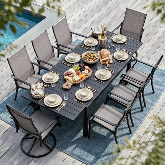 Nuu Garden 9-Piece Outdoor Dining Set, 53.1"-106.3" Extendable Table with Slatted Top, Swivel Design, Breathable Textilene, Powder-Coated Aluminum Frame, Black and Grayish Brown