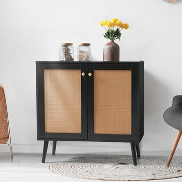 Nuu Garden Accent Storage Cabinet with Rattan Doors, Sideboard Buffet Cabinet, Wood Grain Coffee Bar Cabinet, Entryway Cabinet, Adjustable Shelves for Dining Room, Living Room, Black