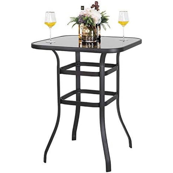 Nuu Garden  Bar Table, 32 Inch Outdoor Bar Height Bistro Table with with Tempered Glass Table Top and Powder-Coated Iron Frame,Black$$Garden &