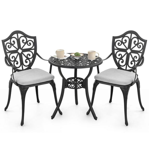 Nuu Garden Bistro Set 3 Piece Outdoor, Cast Aluminum Patio Bistro Sets with Umbrella Hole and Grey Cushions, Bistro Table and Chairs Set of 3 for Patio Backyard, Black
