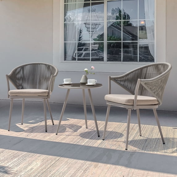 Nuu Garden Bistro Table and Chairs Set of 2, Woven Rope Conversation Patio Set, Beige