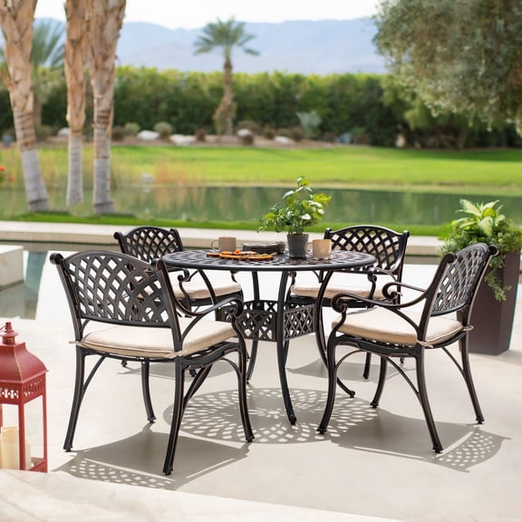 Nuu Garden Cast Aluminum Outdoor 5-Piece Patio Dining Set, Patio Bistro Furniture Set, 4 Patio Chairs with Cushions, Dining Table with Umbrella Hole, Black and Beige