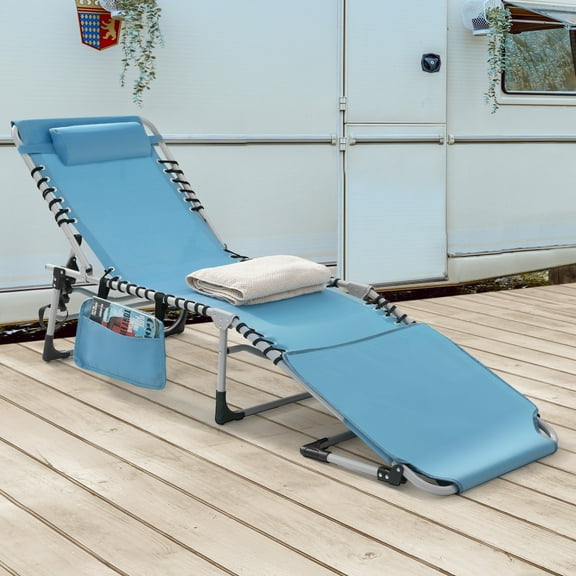 Nuu Garden Folding Textilene Chaise Lounge Chair, Lay Flat Adjustable 5-Position Portable Tanning Chair, Camping Reclining Lounge Chair with Pillow, Blue and Light Gray
