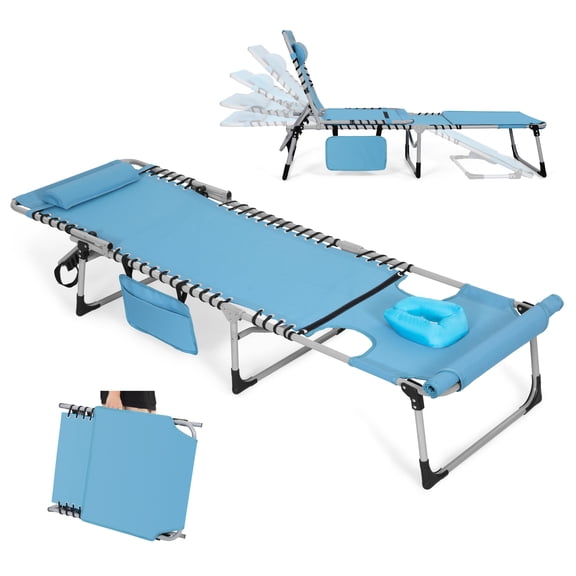 Nuu Garden Folding Textilene Chaise Lounge Chair, Lay Flat Adjustable 5-Position Portable Tanning Chair, Camping Reclining Lounge Chair with Pillow, Blue and Light Gray