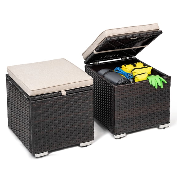 Nuu Garden 2-Piece Patio Ottomans Outdoor Wicker Side Tables, Multipurpose All-Weather Rattan Extra Seating Bench Footrest Footstool with Detachable Cushions and Hidden Storage, Black and Beige