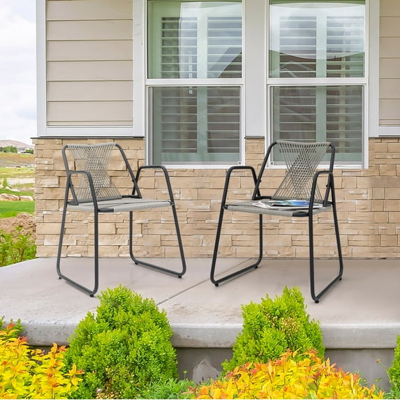 Nuu Garden Iron Woven Outdoor Dining Chair Set of 2, Rope, Patio, Backyard, Deck, Light Weight, Black & Gray