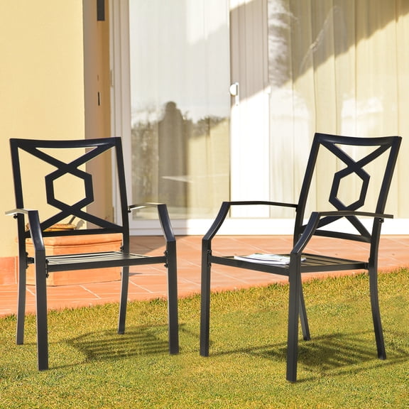 Nuu Garden Stackable Patio Dining Chairs Set of 2, Metal Chairs All-Weather Patio Chairs with Armrests, 300Lbs Outdoor Dining Chairs for Lawn Porch Backyard Deck Poolside, Black