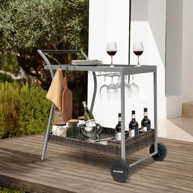 Nuu Garden Outdoor 2-Tier Wicker Bar Cart on Wheels with 2 Wine Racks ...