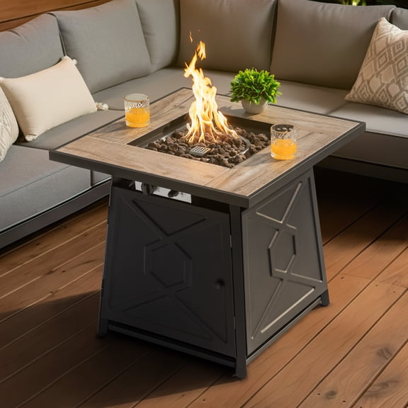 Nuu Garden Outdoor 28" Square 50000 BTU Propane Gas Fire Pit Table with Lid and Lava Rocks, Cover, MGO Tabletop Fire Pit Table, Black