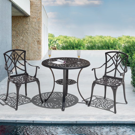 Nuu Garden Outdoor 3-Piece Patio Bistro Set, 2 Bistro Chairs and 31 Inch Round Bistro Table with 2.28'' Umbrella Hole, Cast Aluminum Frame, for Outdoor and Indoor,Black