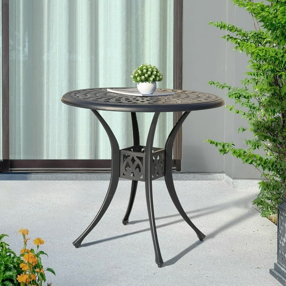 Nuu Garden 30 Inch Patio Dining Table, Cast Aluminum Round Outdoor Table with Umbrella Hole for Patio, Backyard, Deck, Black