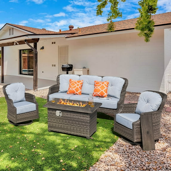 Nuu Garden Outdoor 4-Piece Fire Pit Table Sofa Set, 47 Inch 50,000 BTU Rectangle Propane Gas Fire Pit with Glass Beads, Aluminum Wicker Swivel Chairs with Cushions, Gray