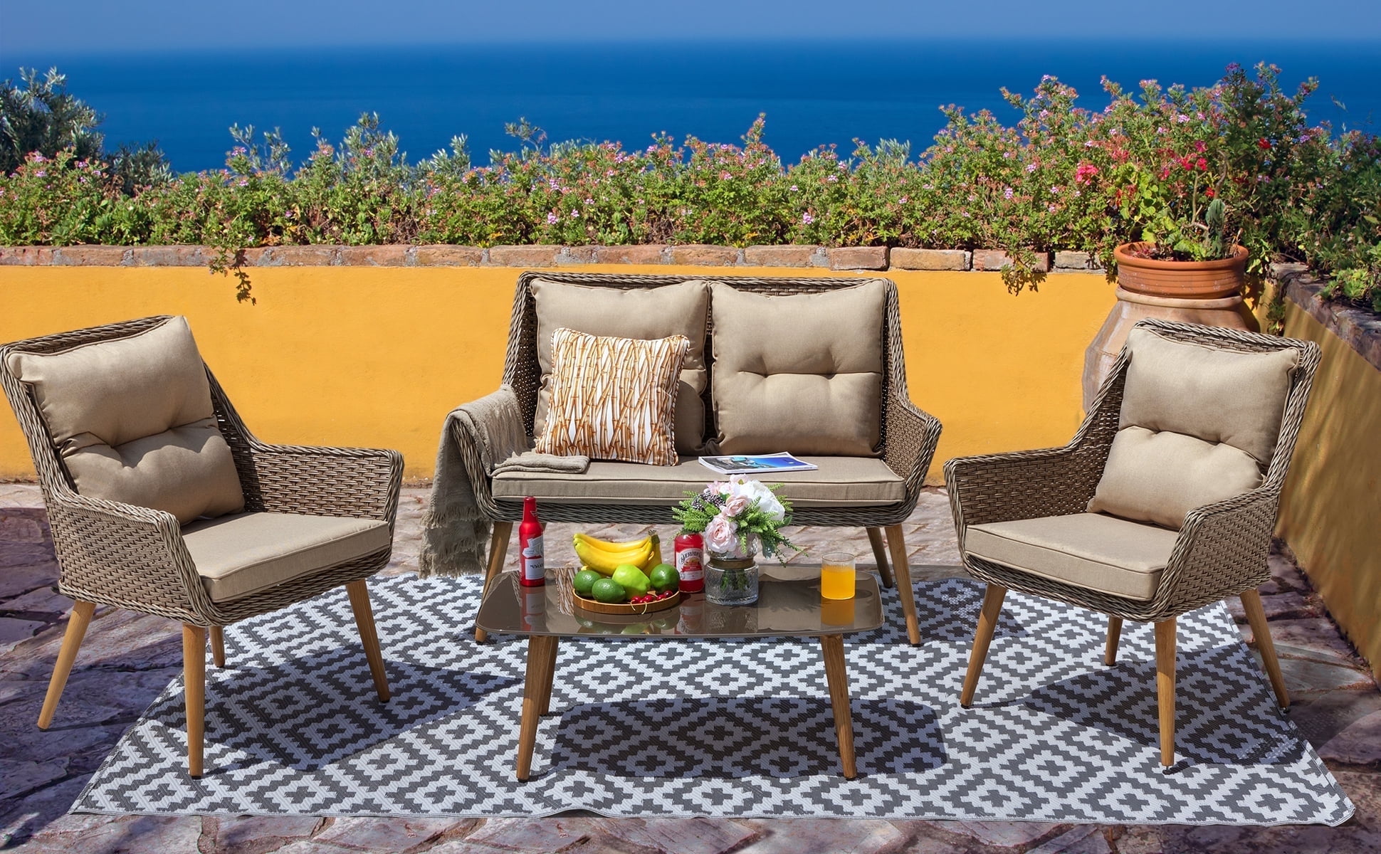 Nuu Garden Outdoor 4-Piece Wicker Sofa Set, Brown Table and Wide Wicker Sofas with Brown Cushions, Ideal for Gatherings and Parties on Patio, Deck and Backyard, Brown