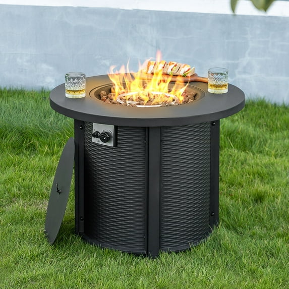 Nuu Garden Outdoor Metal 30'' Round Propane Fire Pit Table with Rattan Embossed Pattern, CSA-Certified 2 in 1 Patio Round Gas Fire Pit, Black