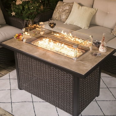 Nuu Garden Outdoor 43 Inch 50,000 BTU Propane Gas Fire Pit Table, Ceramic Tabletop Outdoor Fire Pit Table with Lid,Glass Fire Pit Wind Guard,Cover and Glass Beads, Dark Brown