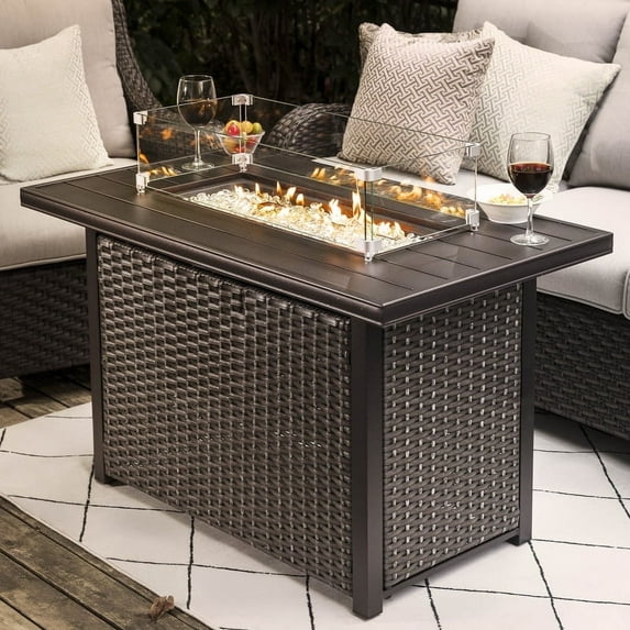 Nuu Garden Outdoor 43 inch 50,000 BTU Propane Gas Fire Pit Table, Aluminum Rattan Fire Pit Table with Lid, Glass Fire Pit Wind Guard, Cover and Glass Beads, Dark Brown