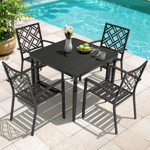 Nuu Garden Outdoor 5-Piece Patio Dining Set, 37 Inch Square Metal Table with Umbrella Hole and 4 Slatted Stackable Chairs, All-Weather Powder-Coated Iron for Garden, Patio, Backyard, Deck, Black