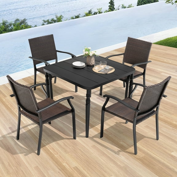Nuu Garden Outdoor 5-Piece Patio Dining Set, 4 Natural Wicker Appearance Chairs and 37'' Square Table with 1.6'' Umbrella Hole, for Outdoor and Indoor Space, Patio, Deck, Garden, Backyard, Black