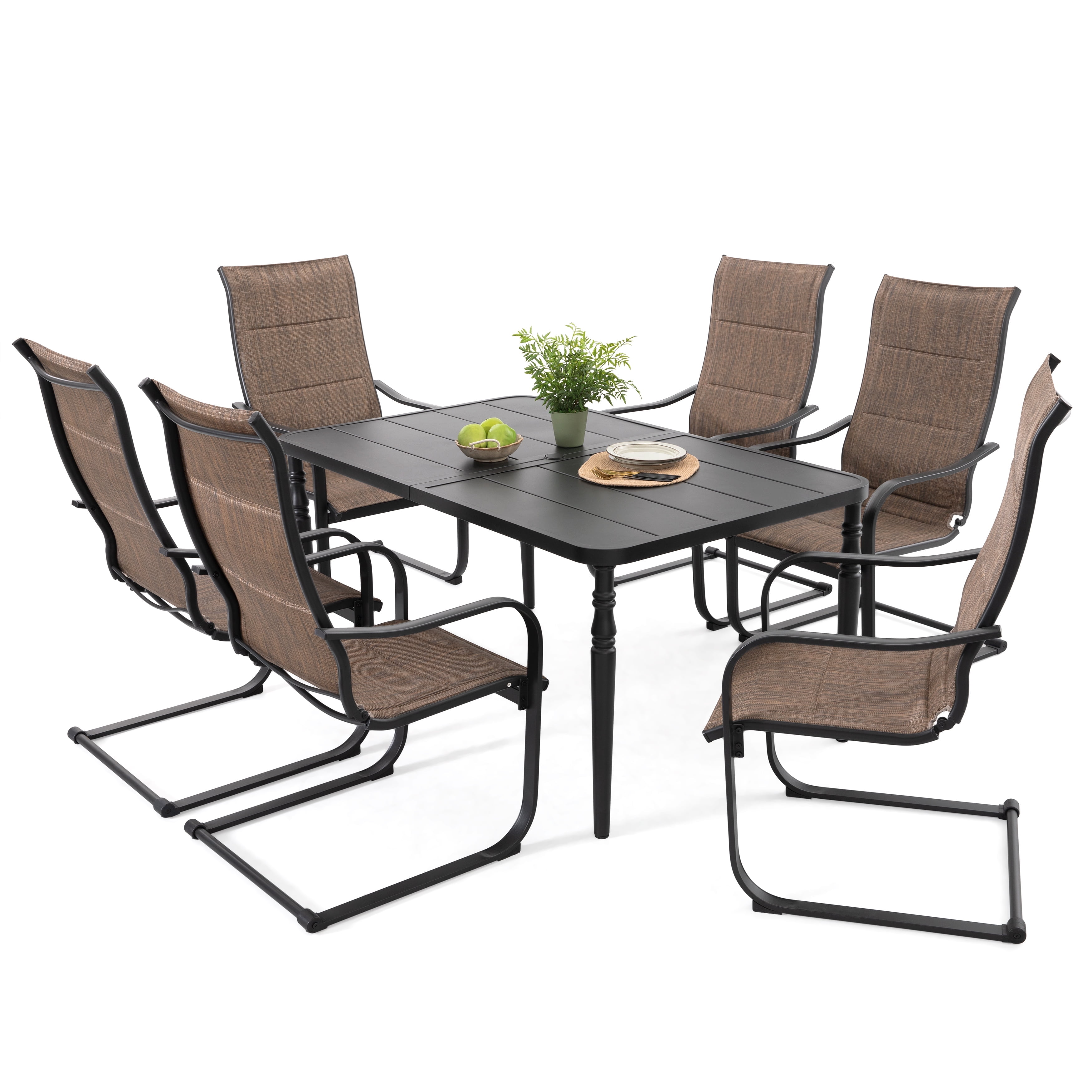 Nuu Garden Outdoor 7-Piece Breathable Textilene Dining Set with Umbrella Hole, Patio All-Weather Padded, 61” x 37” Table and 6 Ergonomic C-Spring Motion Chairs, Black and Brown
