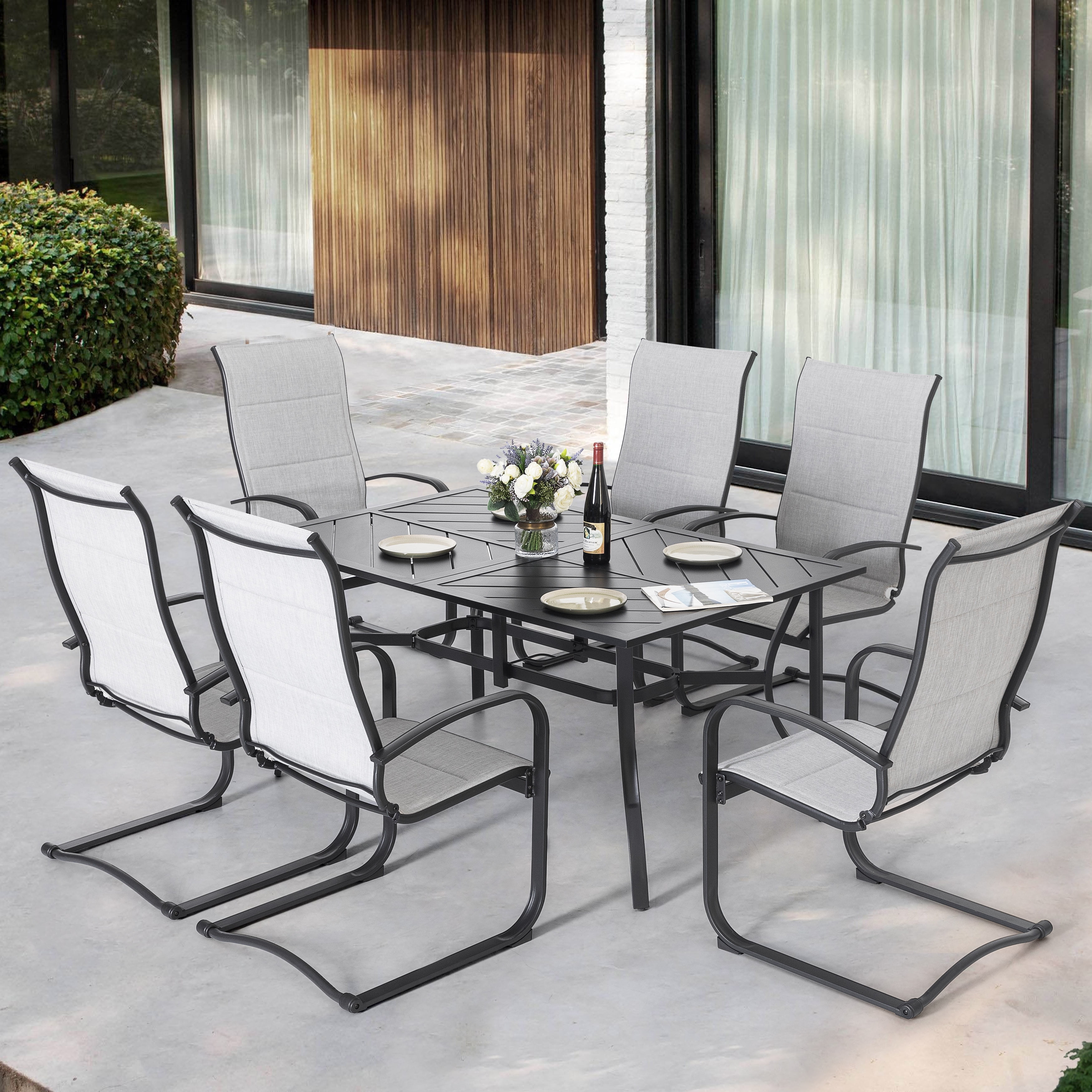 Nuu Garden Outdoor 7-Piece Breathable Textilene Dining Set with Umbrella Hole, Patio All-Weather Padded Textilene Furniture Set, Black and Gray