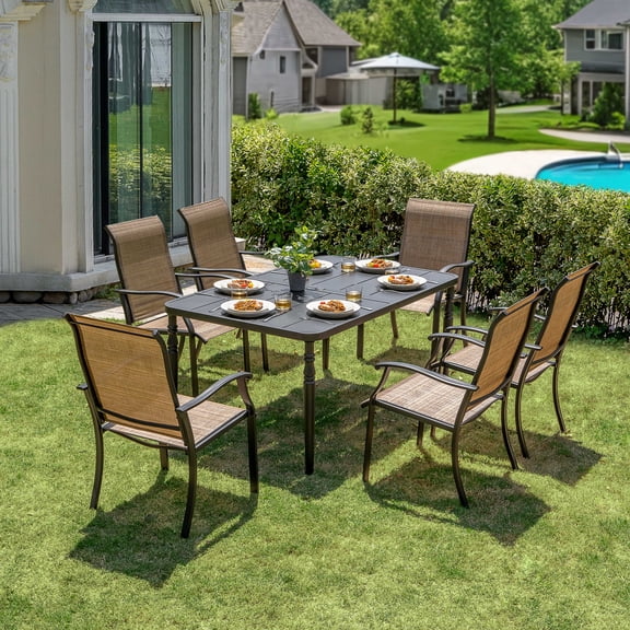 Nuu Garden Outdoor 7-Piece Dining Set with Powder-Coated Metal Frame, Patio Metal Dining Set with 6 Textilene Fabric Chairs, Dining Table with Umbrella Hole, Ideal, Black and Brown