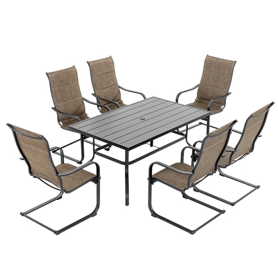 Nuu Garden Outdoor 7-Piece Patio Dining Set, 6 C-spring Motion Textilene Chairs and 61'' x 37'' Rectangle Dining Table with 1.57'' Umbrella Hole, for Outdoor and Indoor Space, Black and Brown