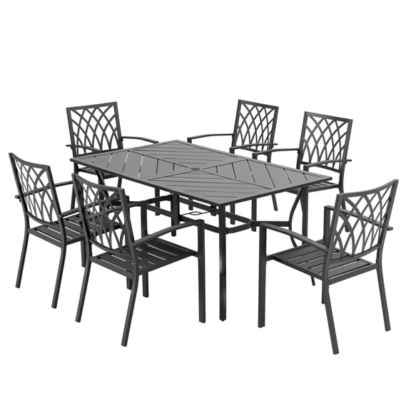 Nuu Garden Outdoor 7-Piece Patio Dining Set, 6 Dining Iron Stackable Chairs and 61'' x 37'' Rectangle Splicing Table with 1.77'' Umbrella Hole, Black