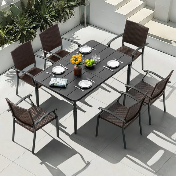 Nuu Garden Outdoor 7-Piece Patio Dining Set, 6 Natural Wicker Appearance Chairs and 61'' x 37'' Rectangle Table with Umbrella Hole, for Outdoor and Indoor Space, Patio, Deck, Garden, Backyard, Black