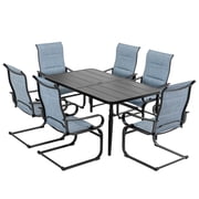 Nuu Garden Outdoor 7-Piece Patio Dining Set, 6 Padded Textilene C-Spring Patio Chairs with Ergonomic Design and 61 x 37 Metal Rectangle Table with Umbrella Hole, Black and Blue