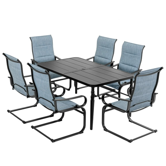 Nuu Garden Outdoor 7-Piece Patio Dining Set, 6 Padded Textilene C-Spring Patio Chairs with Ergonomic Design and 61'' x 37'' Metal Rectangle Table with Umbrella Hole, Black and Blue