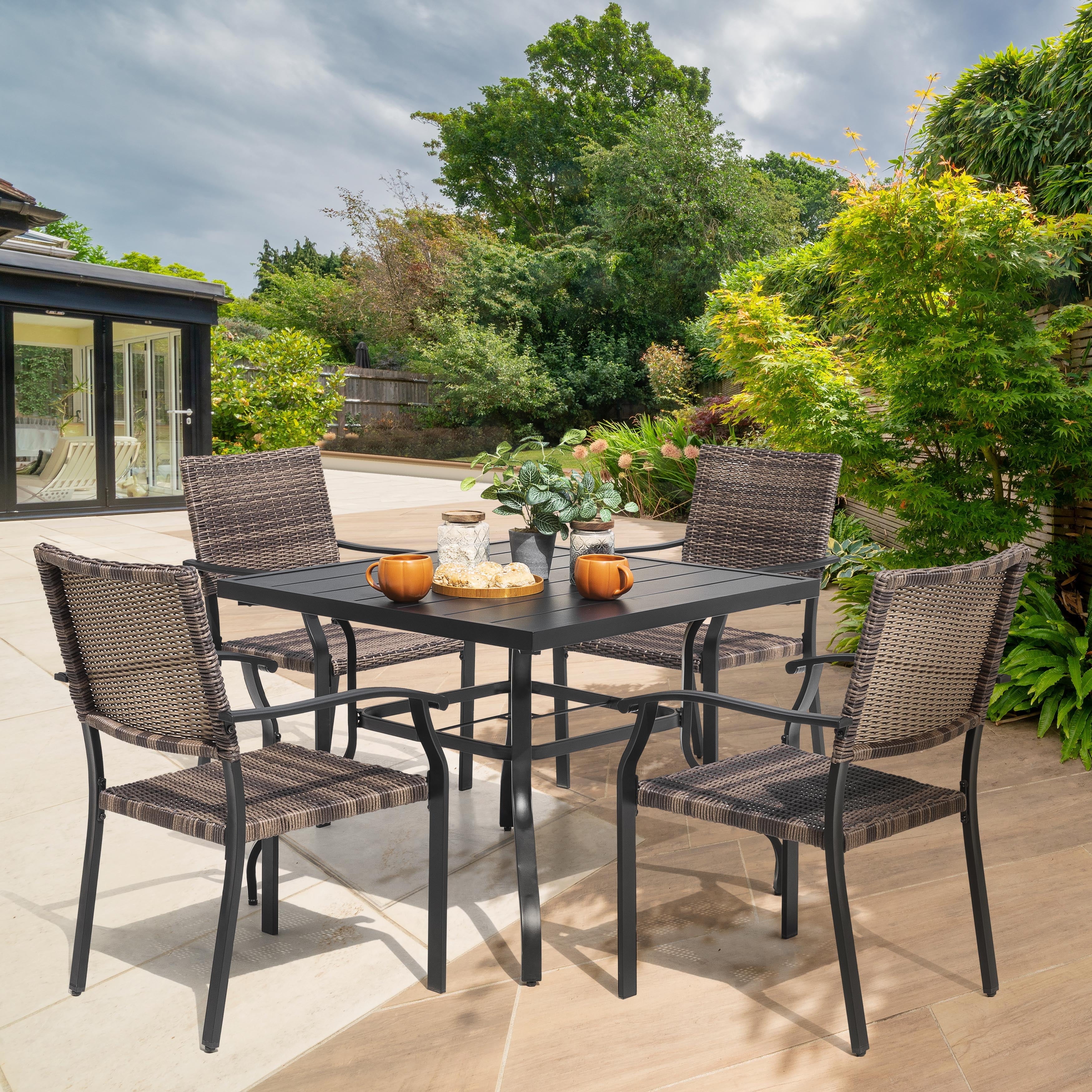 Black Iron Square Table with Mixed Wicker Chairs Outdoor Dining Set