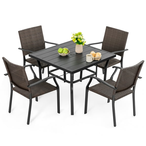 Nuu Garden Outdoor Dining Set 5 Piece Patio Dining Set with Umbrella Hole, Weather-Resistant Iron Table with 1.57’’ umbrella hole and 4 Wicker Chairs, Black