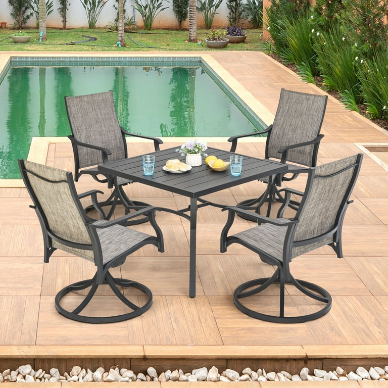Nuu Garden Outdoor Dining Set 5 Piece Patio Dining Set with Umbrella Hole Weather Resistant Aluminum Table and 4 Textilene Swivel Chairs Brown and