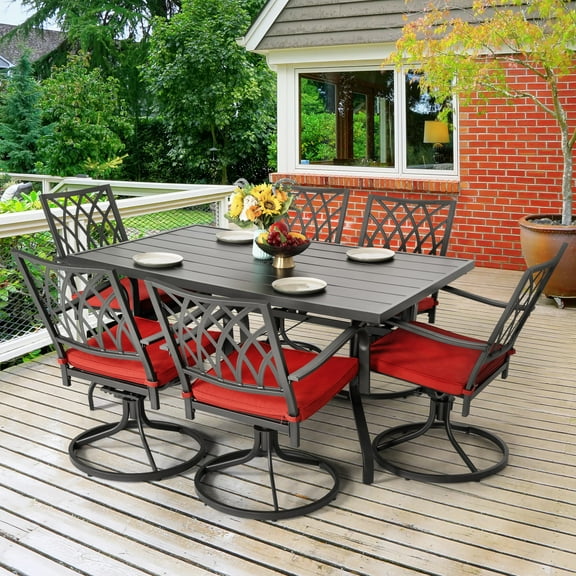 Nuu Garden Outdoor Dining Set Patio Chair Set of 6 Outdoor Patio Table and Chairs 7 Pieces with Swivel Patio Chairs and Red Cushions for Backyard Lawn Deck Porch, All Weather Resistant, Black