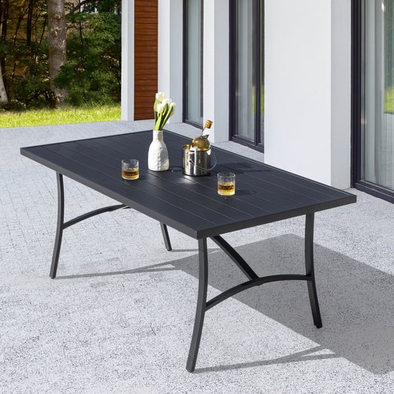 Nuu Garden Outdoor Dining Table with Umbrella Hole, All Weather Aluminum Outdoor Patio Table, 6 Person Rectangle Dining Table, Black