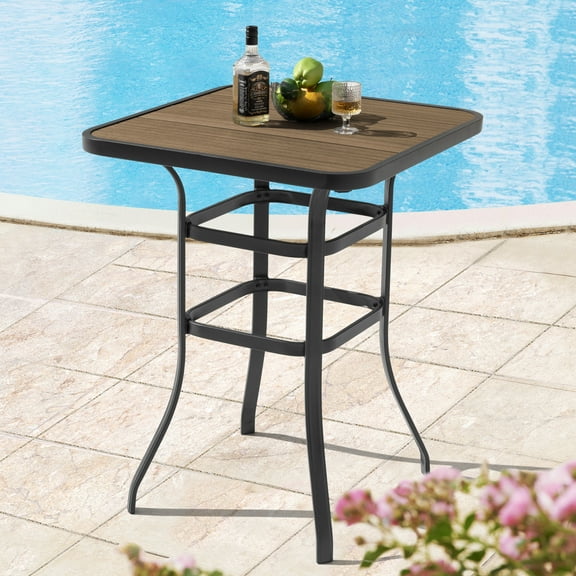 Nuu Garden Outdoor Height Bar Table Square Patio Bistro Table with Faux Wood Tabletop, Slatted Design, Outside Furniture Bar Table for Garden Lawn Poolside, Brown