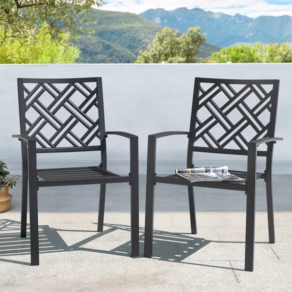 Nuu Garden Outdoor Iron Dining Chairs Set of 2 with Slatted Seat Design for Airflow, Non-slip Foot Pads and Stackable Patio Chairs for Garden Deck Poolside, Black