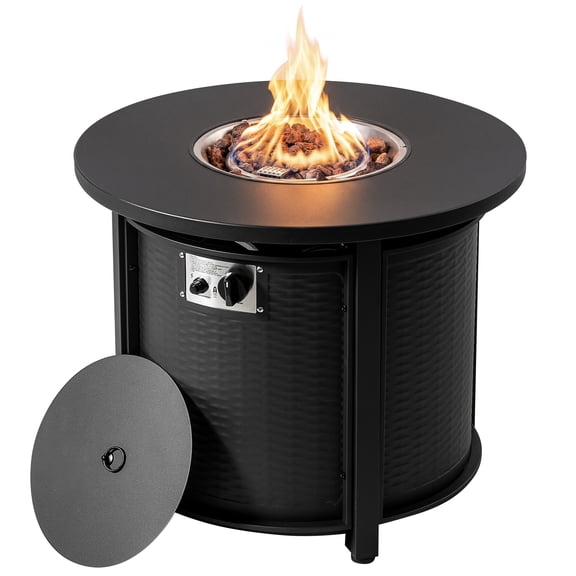 Nuu Garden Outdoor Metal 30'' Round Propane Fire Pit Table with Rattan Embossed Pattern, 50000 BTU CSA-Certified 2 in 1 Round Gas Fire Pit Table with Lid & Lava Rocks, Patio Round Gas Fire Pit, Black