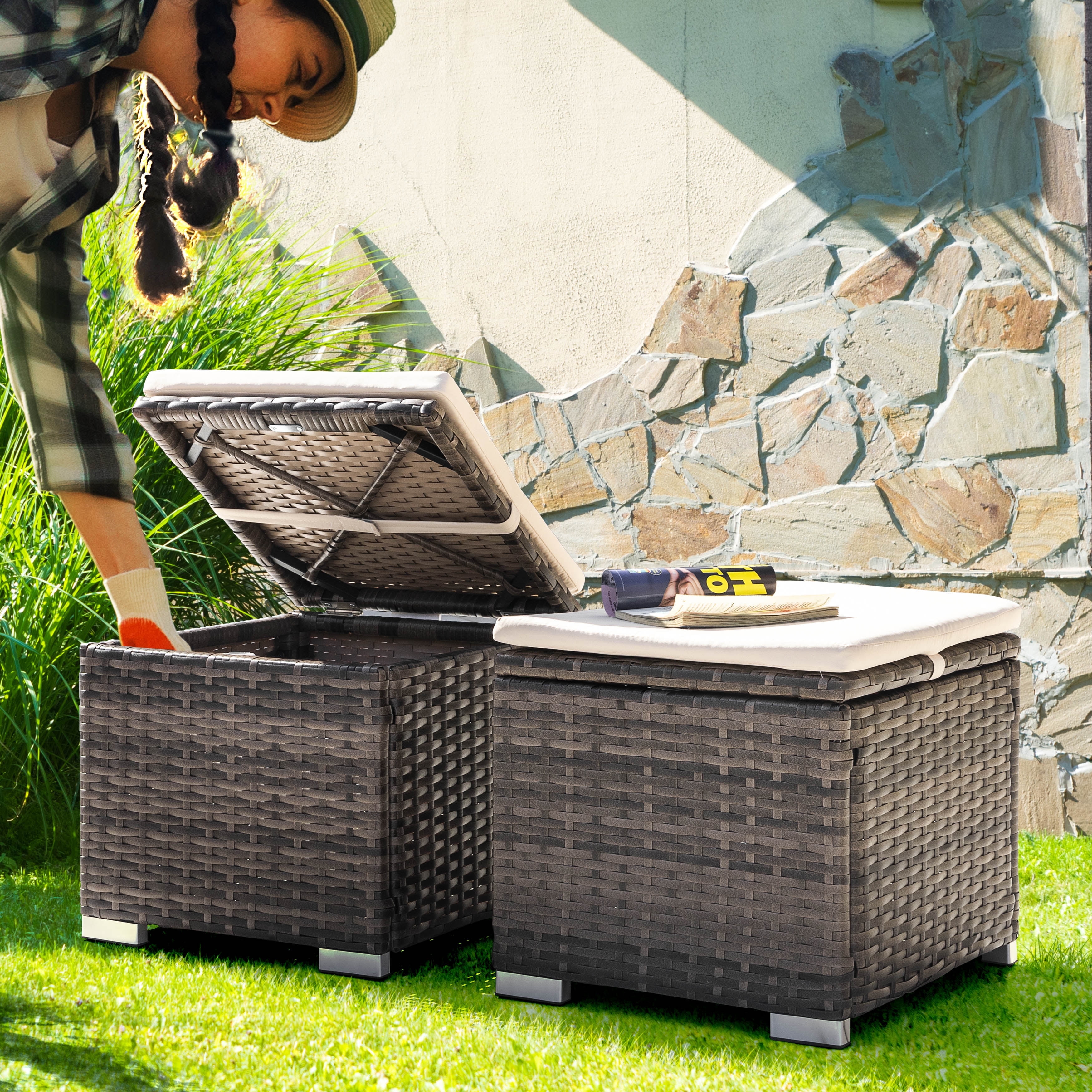 Brown and Beige Wicker Outdoor Storage Ottoman with Cushion