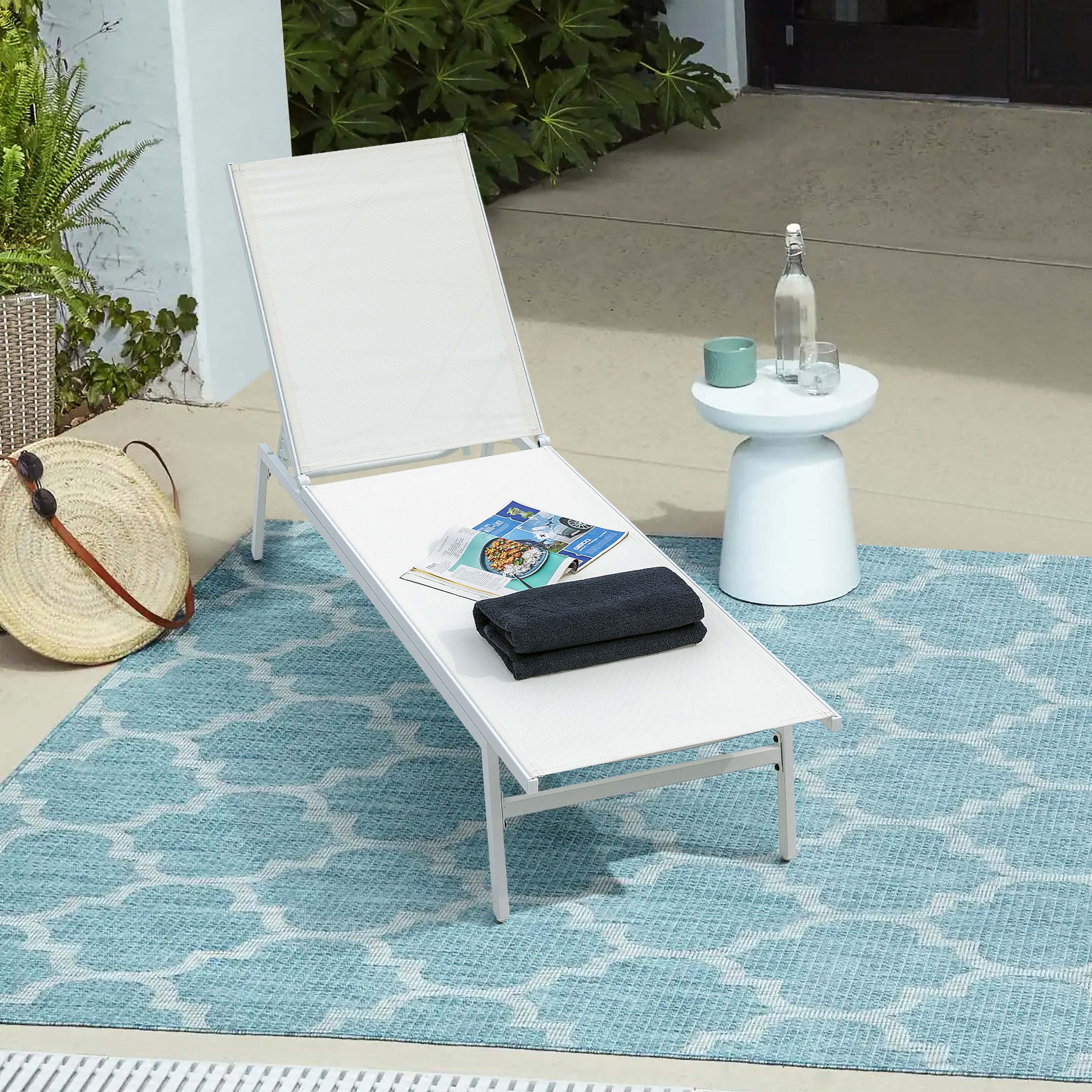 White Aluminum Outdoor Chaise Lounge with Adjustable Backrest