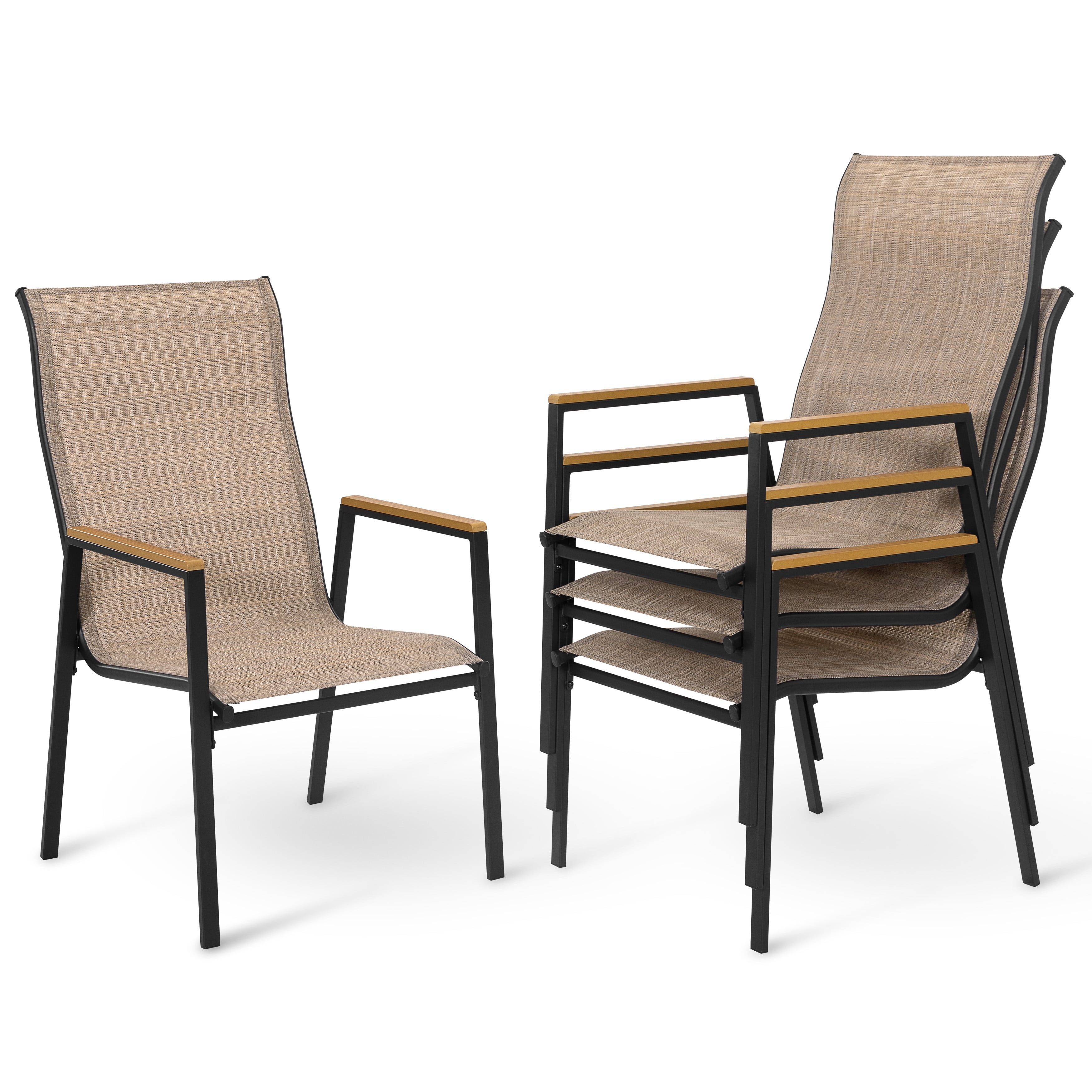 Nuu Garden Outdoor Patio Dining Chairs Set of 4, Stackable Outdoor Dining Chairs with High Back, Wide Seat and Faux Wood Armrests, Breathable Textilene, Powder-Coated Frame for Outside, Khaki