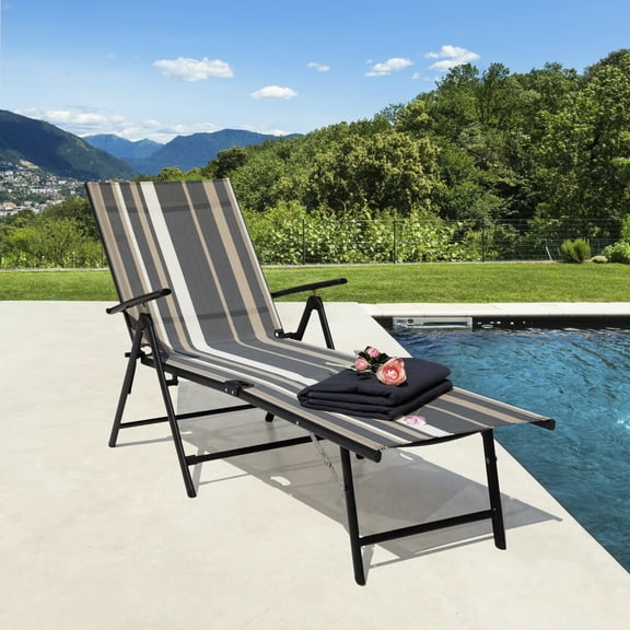 Nuu Garden Outdoor Chaise Lounge with Armrests, 4-Position Adjustable Back, Sturdy Aluminum and Breathable Textilene Fabric for Outside Pool, Beach, Sunbathing, Stripe