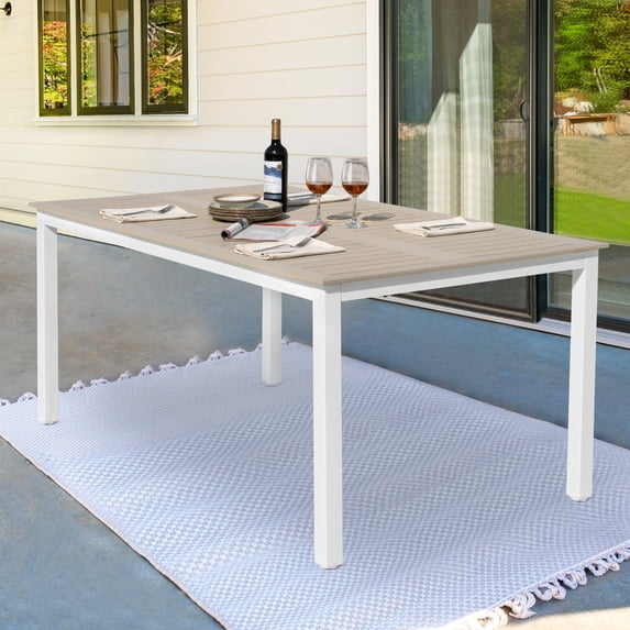 Nuu Garden Outdoor Patio Table with Umbrella Hole, Outdoor 63’’ x 37’’ Rectangle Dining Table for 6 Weather-Resistant Table for Garden, Deck, Backyard, Poolside, Light Brown