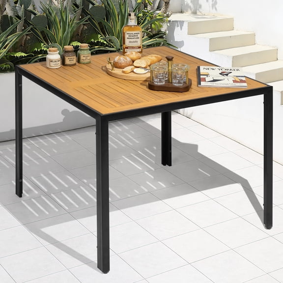 Nuu Garden Outdoor Patio Table with Umbrella Hole, Outdoor Dining Table for 4, All-Weather Square Table With Acacia Wood Tabletop and Thick Metal Legs for Garden, Backyard, Porch and Lawn, Black