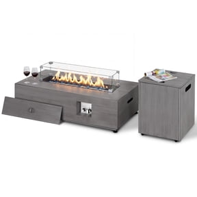 Nuu Garden Outdoor Propane Fire Pit Table, 50000 BTU 2 in 1 Outdoor Fire Table, Hidden Tank Table with Side Handle, CSA Certified Patio Fire Pit with Lid, Wind Guard, Cover, Glass Beads, Cement Gray