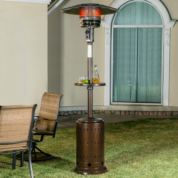 Nuu Garden Outdoor Propane Gas Patio Heater with Wheels, Patio Heater with Liftable Drink Stand for Patio, 304 Stainless Steel Burner, Backyard, Garden, Porch, Brown